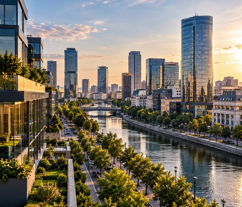 Modern Bucharest skyline with glass office towers along the riverfront at sunset