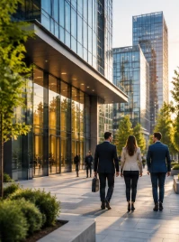 Modern glass office buildings in a Romanian business district