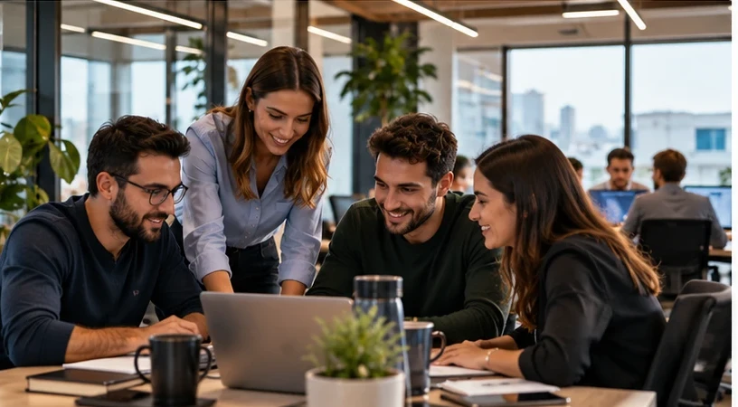 Romanian professional team collaborating around a laptop in a modern office