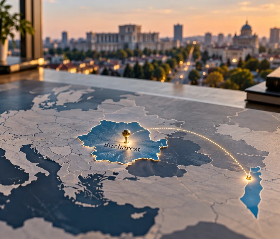 Map of Europe with Bucharest, Romania connected to Israel, symbolizing Israeli business expansion to Romania