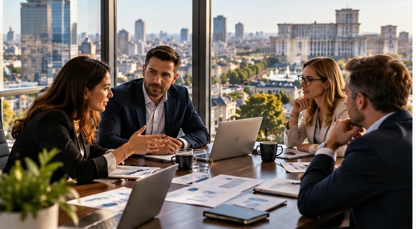 International executives discussing market expansion around a table in a Bucharest office