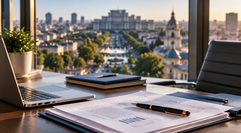 Executive workspace in Bucharest with laptop and business documents overlooking the city