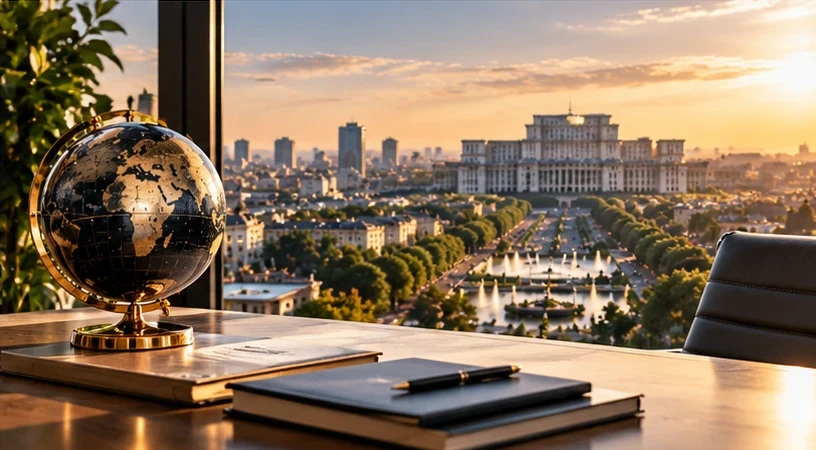 Executive office overlooking the Bucharest skyline with a globe on the desk